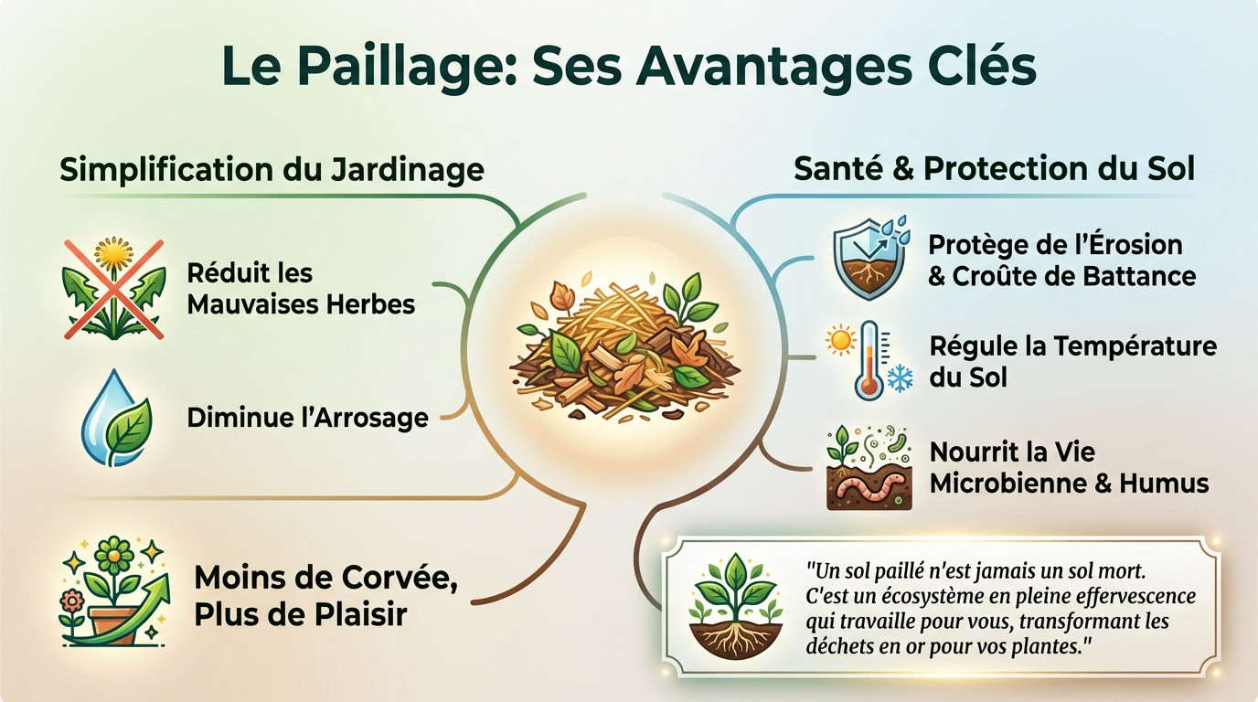 Jardinier appliquant une couche de paillage organique au pied des plantes pour protéger le sol