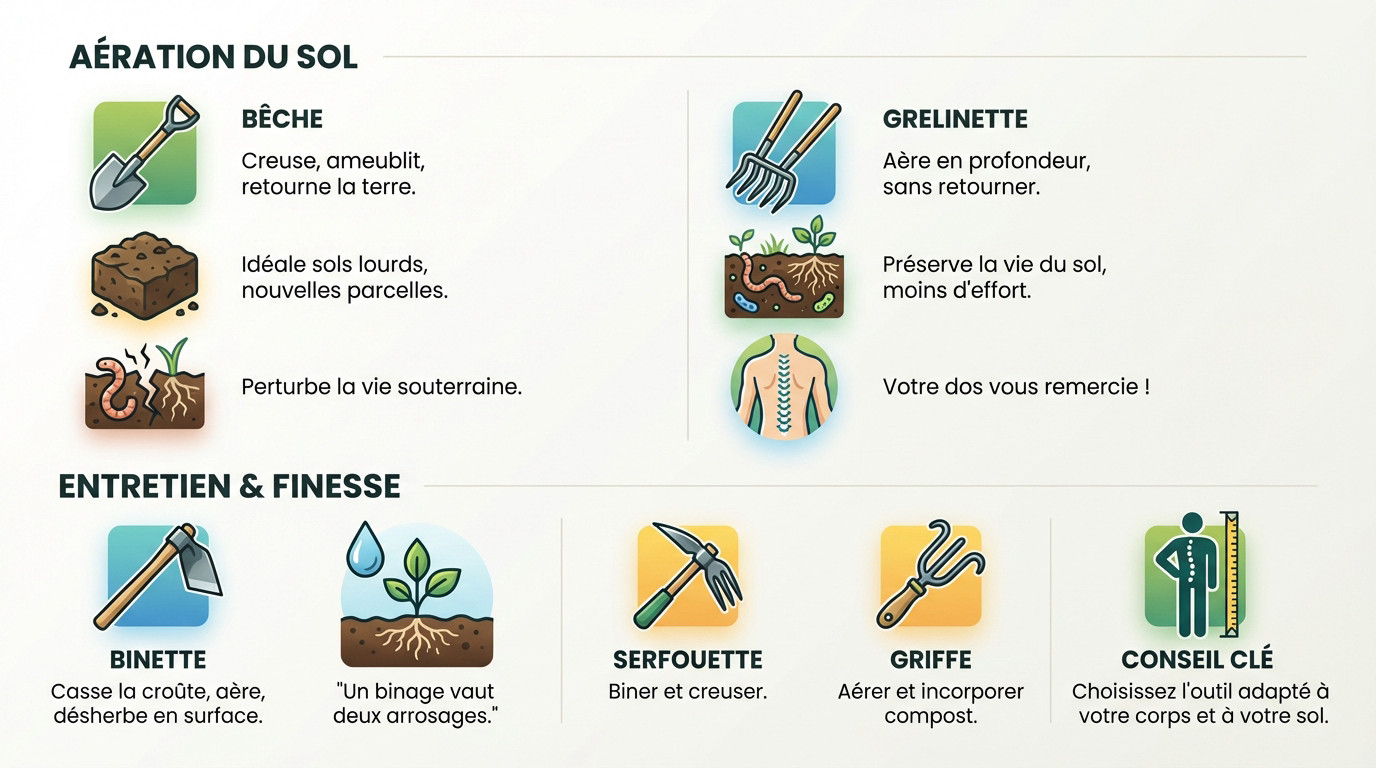 Panoplie d'outils de jardinage manuels essentiels comme la bêche et la grelinette pour l'entretien du sol