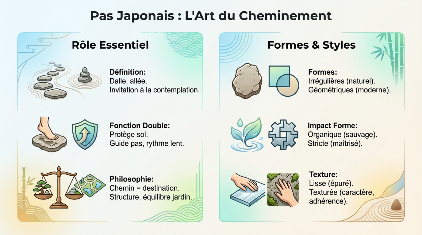 Aménagement paysager avec pas japonais en pierre naturelle traversant une pelouse verdoyante