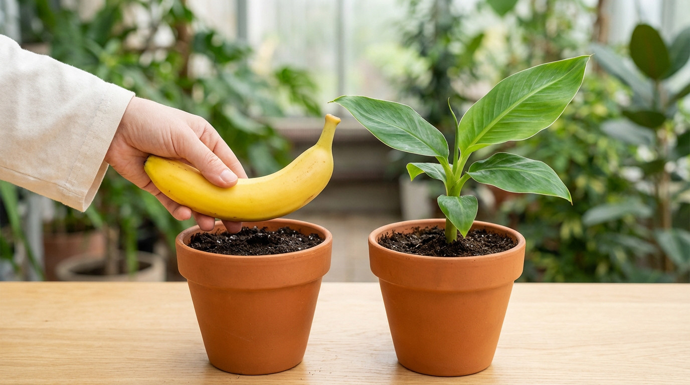 A hand holds a ripe yellow banana over potting soil in a terracotta pot, next to a healthy banana seedling in another pot, on a wooden surface.