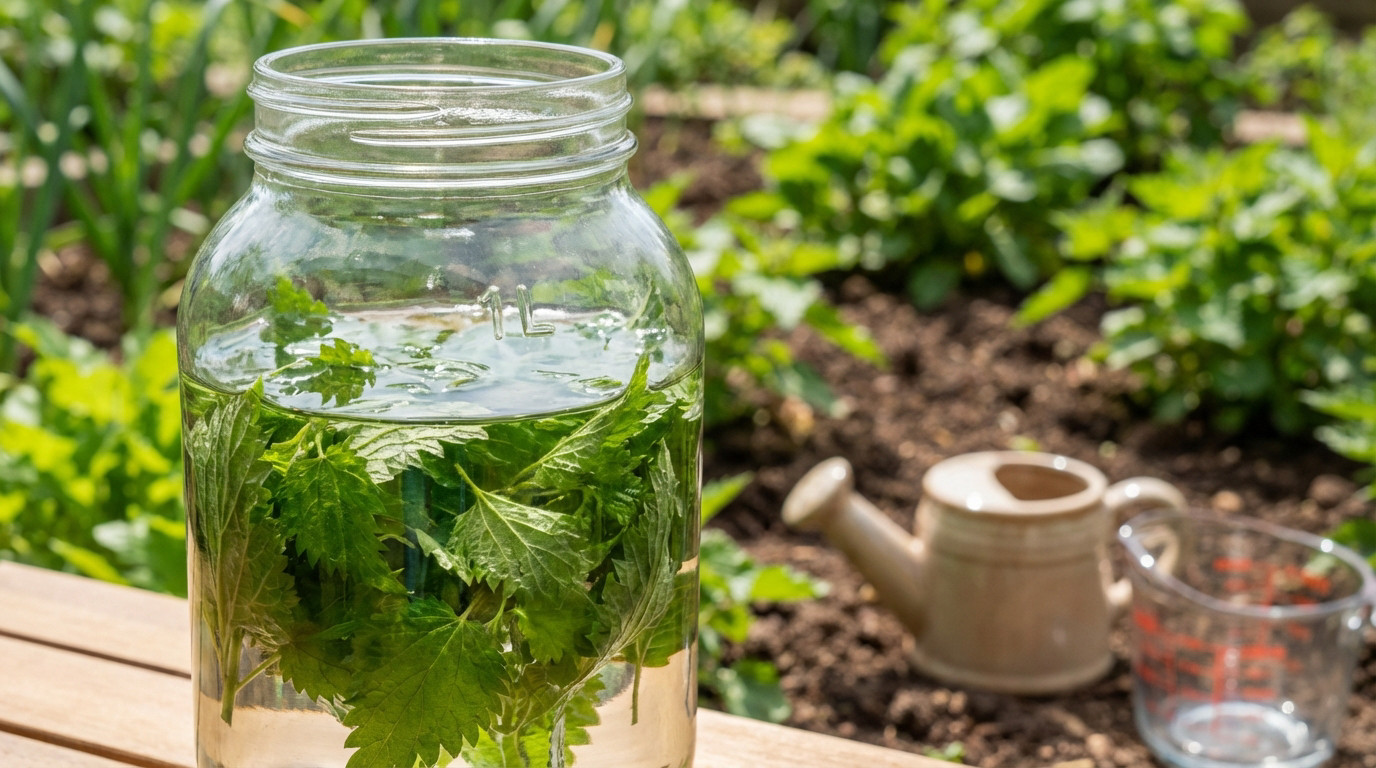 Close-up of fresh nettle leaves steeping in a 1L glass jar on a wooden surface, with a blurred garden background and small watering can and measuring cup nearby.