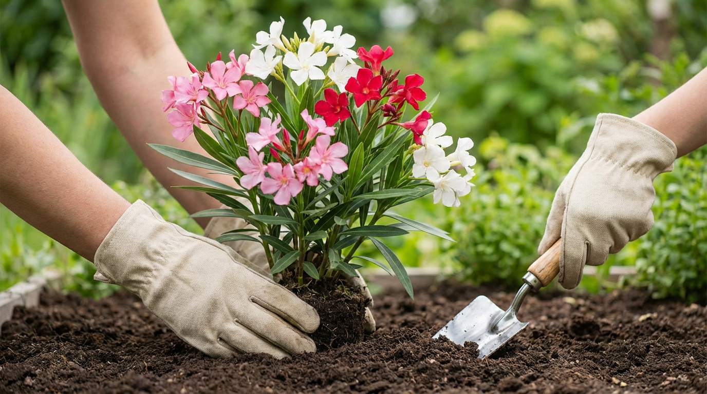 Hands in light gloves plant a vibrant oleander with pink, white, and red flowers into dark soil. A trowel rests nearby.