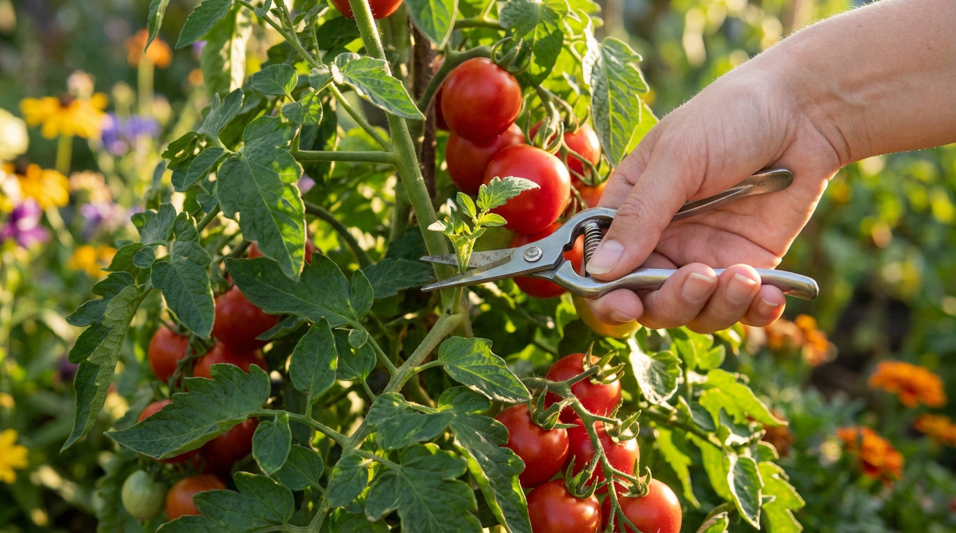 Close-up of a gardener's hand with secateurs pruning a sucker from a vibrant tomato plant with ripe red fruit in a sunny garden.