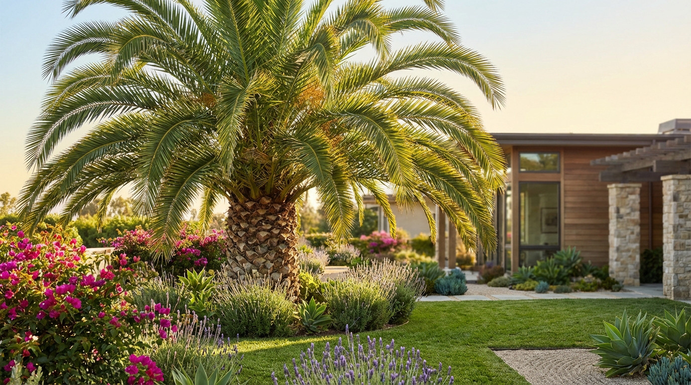 Photorealistic image of a healthy palm tree dominating a lush, colorful garden with a modern house. Warm, natural light creates a serene, inviting atmosphere.