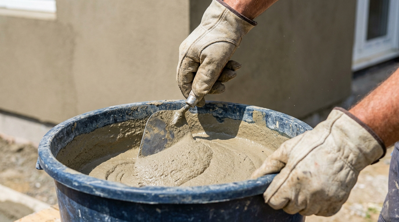 Gloved hands precisely mix smooth, grey-beige cement render in a blue bucket with a metal trowel, a blurred rendered wall in the background.