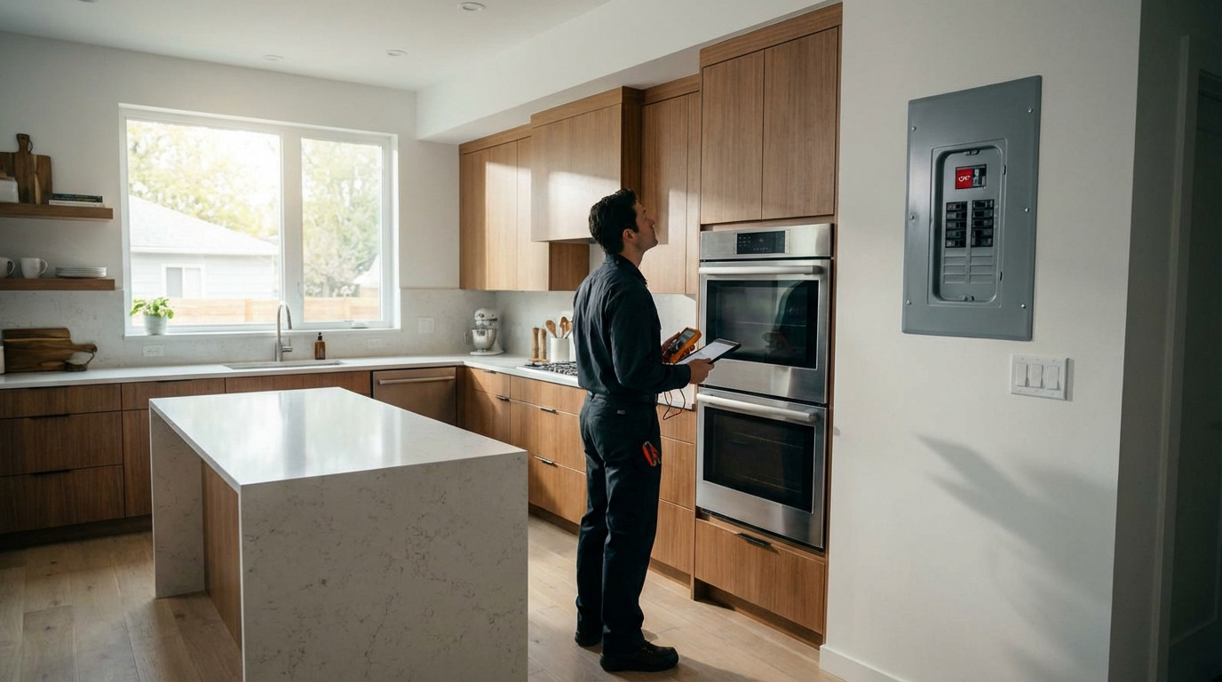 A technician inspects a tripped electrical panel in a modern kitchen, holding a multimeter and tablet near a built-in oven.