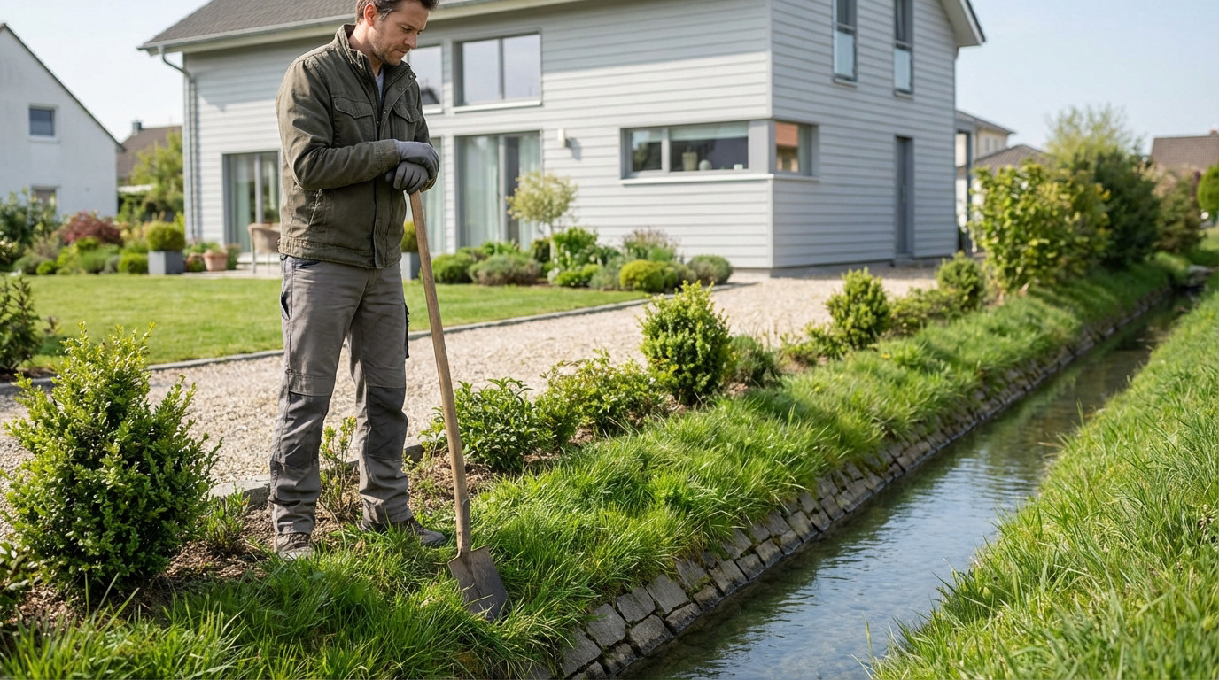A man in work clothes holds a shovel, inspecting a well-maintained ditch with clear water beside a contemporary house.