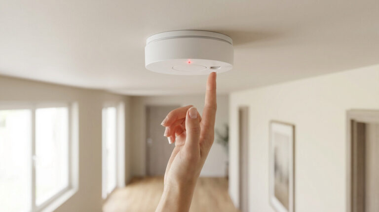 A hand reaches for a modern white smoke detector with a blinking red light on a light ceiling in a well-lit contemporary home.