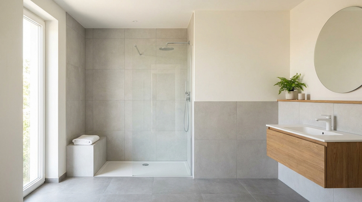 Modern bathroom featuring full-height grey tiling in shower and mid-height tiling by vanity. Natural light, wood cabinet, plant.