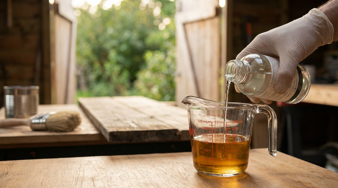 Gloved hand pours clear liquid into measuring cup with amber oil. Wood plank, brush, and outdoor shed background.