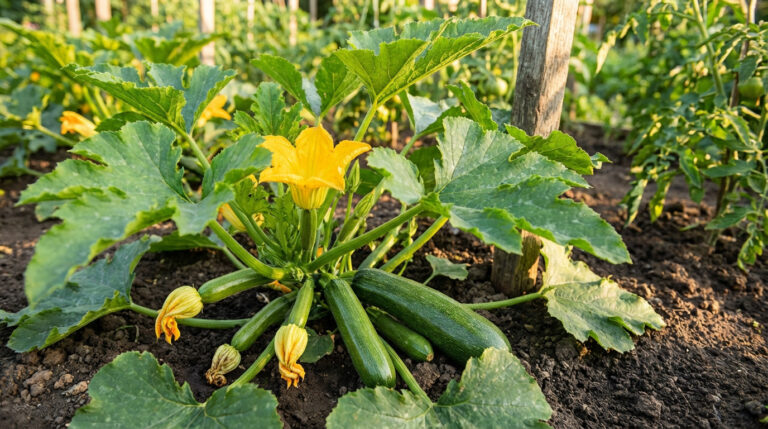 Plant de courgette avec larges feuilles, fleurs jaunes éclatantes et courgettes vertes en croissance dans un potager.