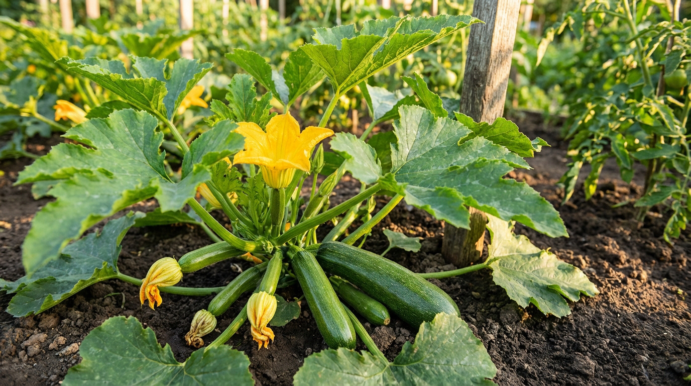 Plant de courgette avec larges feuilles, fleurs jaunes éclatantes et courgettes vertes en croissance dans un potager.