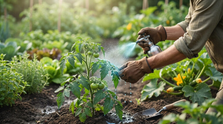 Un jardinier pulvérise de la bouillie bordelaise bleuâtre sur un jeune plant de tomates avec des fruits verts, dans un potager ensoleillé.