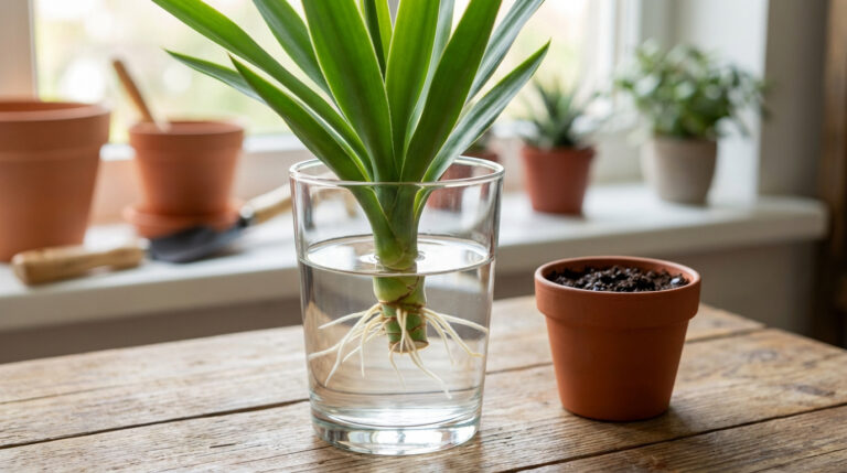 Bouture de yucca enracinée dans un verre d'eau, prête à être mise en pot sur une table en bois près d'une fenêtre lumineuse.