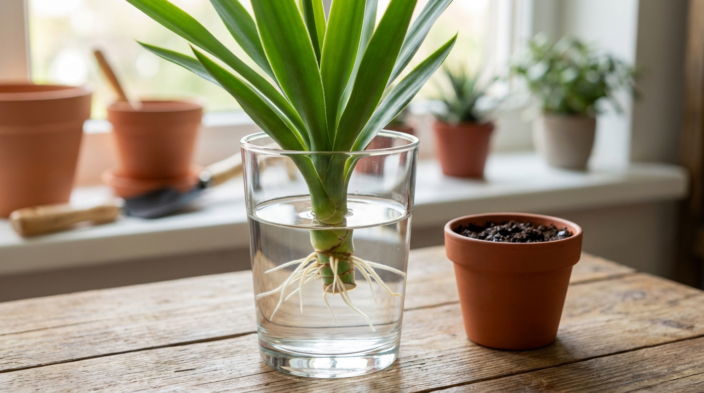 Bouture de yucca enracinée dans un verre d'eau, prête à être mise en pot sur une table en bois près d'une fenêtre lumineuse.