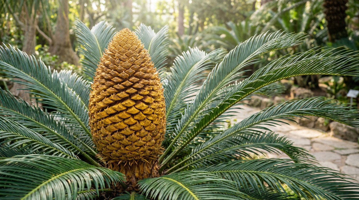 Gros plan sur un cône de Cycas de couleur dorée, entouré de ses frondes vertes luxuriantes dans un jardin ensoleillé.