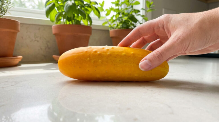Une main touche délicatement un concombre jaune posé sur un comptoir de cuisine clair. Des herbes en pot sont visibles en arrière-plan.