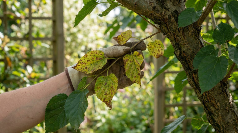 Une main gantée examine des feuilles de mûrier platane jaunies et tachetées, signe de maladie. Arrière-plan flou de jardin.