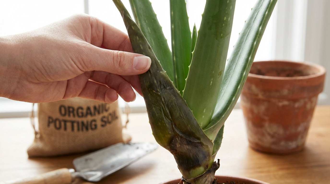 Une main examine une feuille d'aloe vera montrant des signes de pourriture à la base. Un sac de terreau et une petite pelle sont visibles.