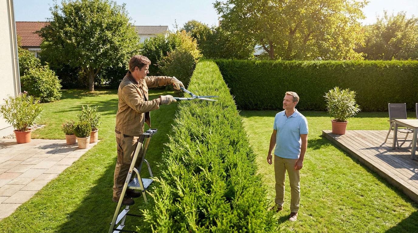 Un homme taille une haie mitoyenne avec des cisailles, sous le regard de son voisin, dans un jardin verdoyant.