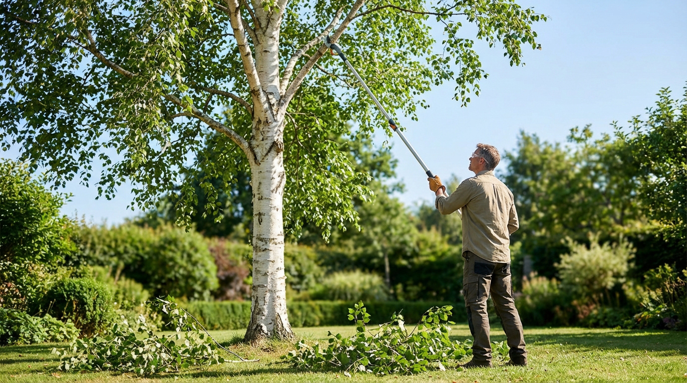Un homme muni de lunettes et de gants élague un bouleau avec une élagueuse télescopique. Des branches jonchent le sol.