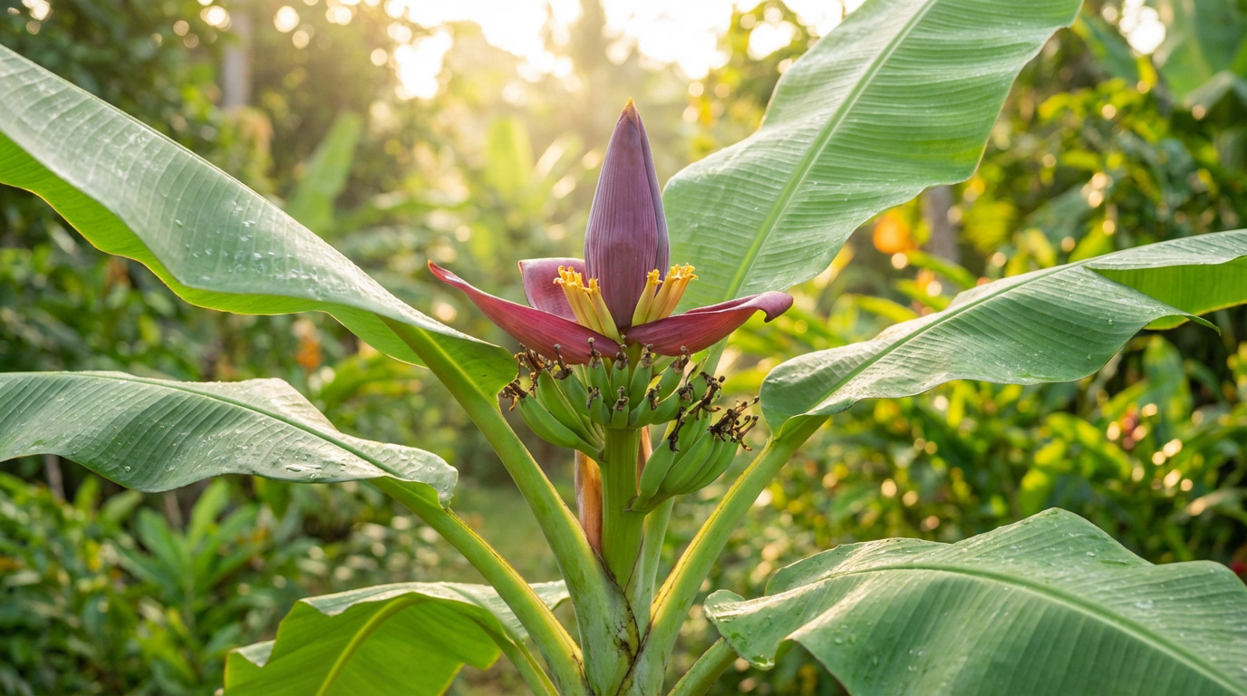 Bananier avec une grande fleur pourpre et de jeunes régimes de bananes vertes, sous la lumière chaude du soleil dans un environnement tropical.