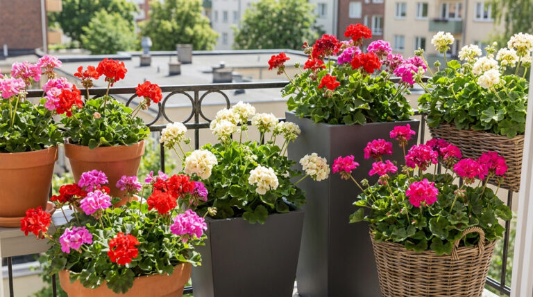Un balcon luxuriant rempli de géraniums rouges, roses et blancs dans des pots en terre cuite, gris modernes et paniers en osier.