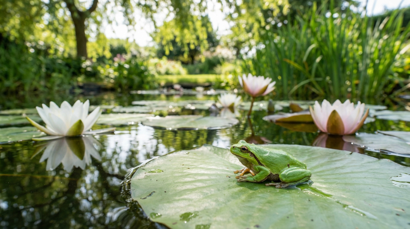 Grenouille verte sur un nénuphar flottant dans un bassin. Nénuphars blancs et roses, et végétation verdoyante en arrière-plan.