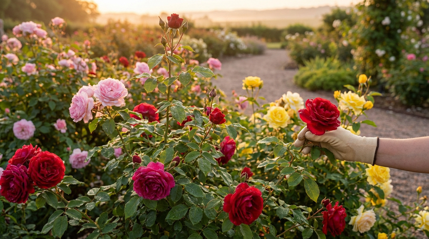 Une main gantée inspecte une rose rouge dans une roseraie colorée au lever du soleil, avec des roses roses et jaunes.