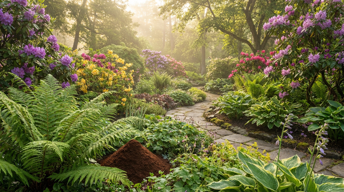 Allée de pierre sinueuse traversant un jardin luxuriant avec des rhododendrons violets, roses et jaunes sous une lumière douce et brumeuse.