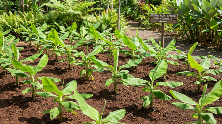 Rangées de jeunes plants de bananiers (Musa acuminata) espacés dans un sol brun, avec un panneau indiquant "Optimal Plant Spacing".