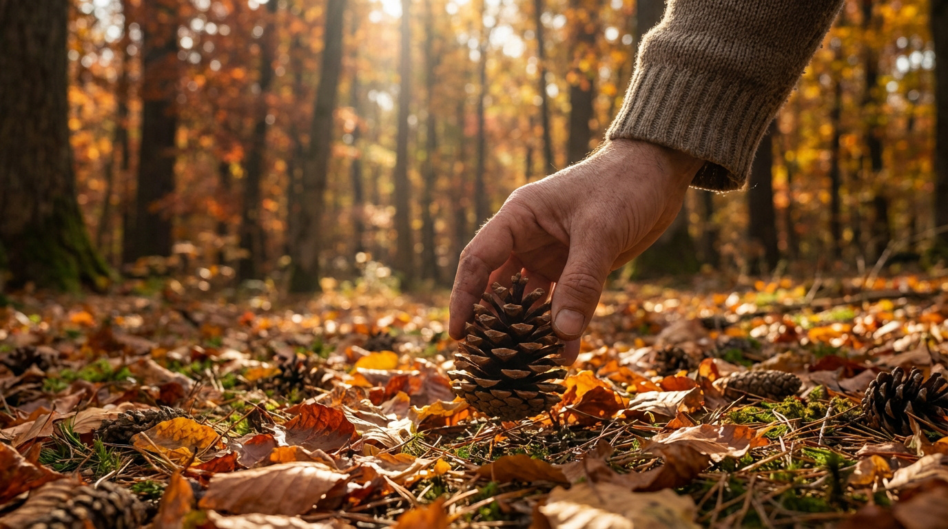Main ramassant une pomme de pin au sol, entourée de feuilles mortes colorées dans une forêt ensoleillée d'automne.