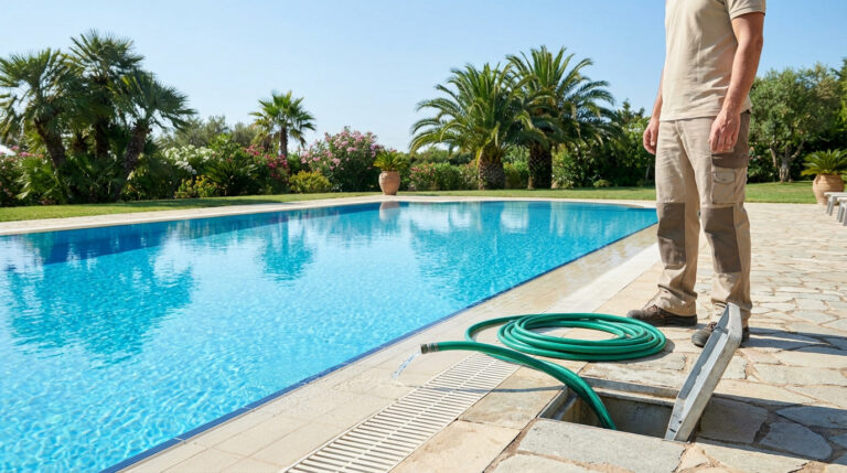 Un homme draine l'eau d'une piscine avec un tuyau vert vers un puits de décompression, sous un ciel bleu ensoleillé.