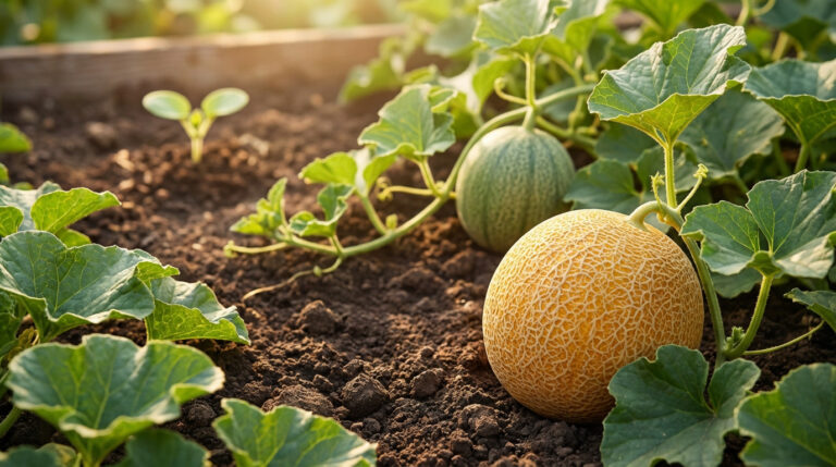 Trois étapes de la croissance du melon : un semis, un melon vert et un melon mûr jaune, dans un jardin ensoleillé.