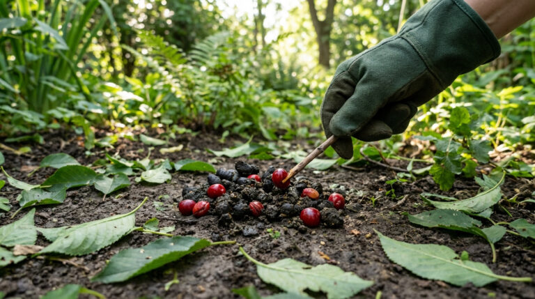 Main gantée verte examinant des crottes noires avec des noyaux et cerises rouges sur un sol de jardin terreux.