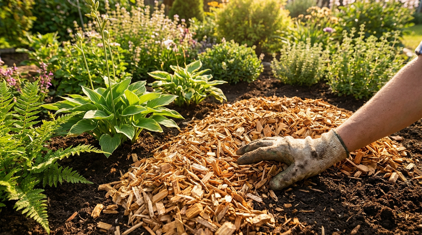 Une main gantée répand des copeaux de bois sur le sol d'un jardin luxuriant et ensoleillé avec des plantes vertes.
