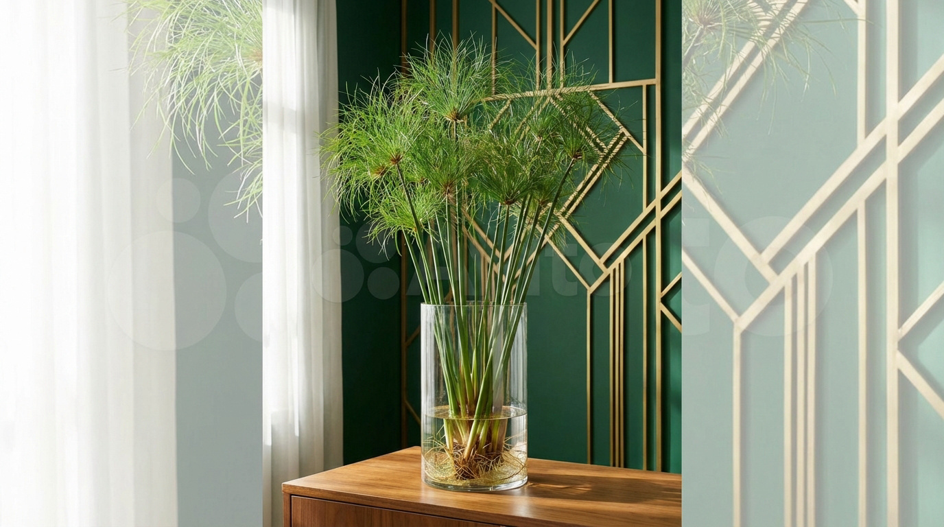 Vase transparent avec papyrus vert luxuriant sur table en bois. Mur vert Art Déco doré et rideaux blancs en arrière-plan.