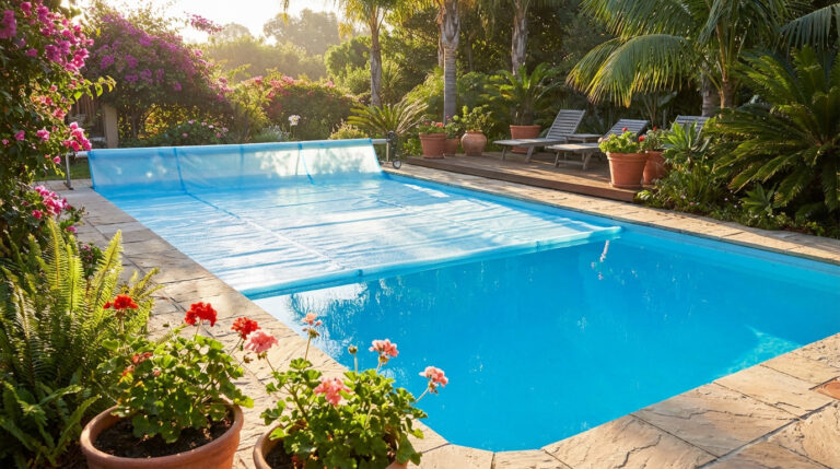 Piscine extérieure avec eau bleue, partiellement couverte d'une bâche à bulles solaire sur un enrouleur, dans un jardin luxuriant.