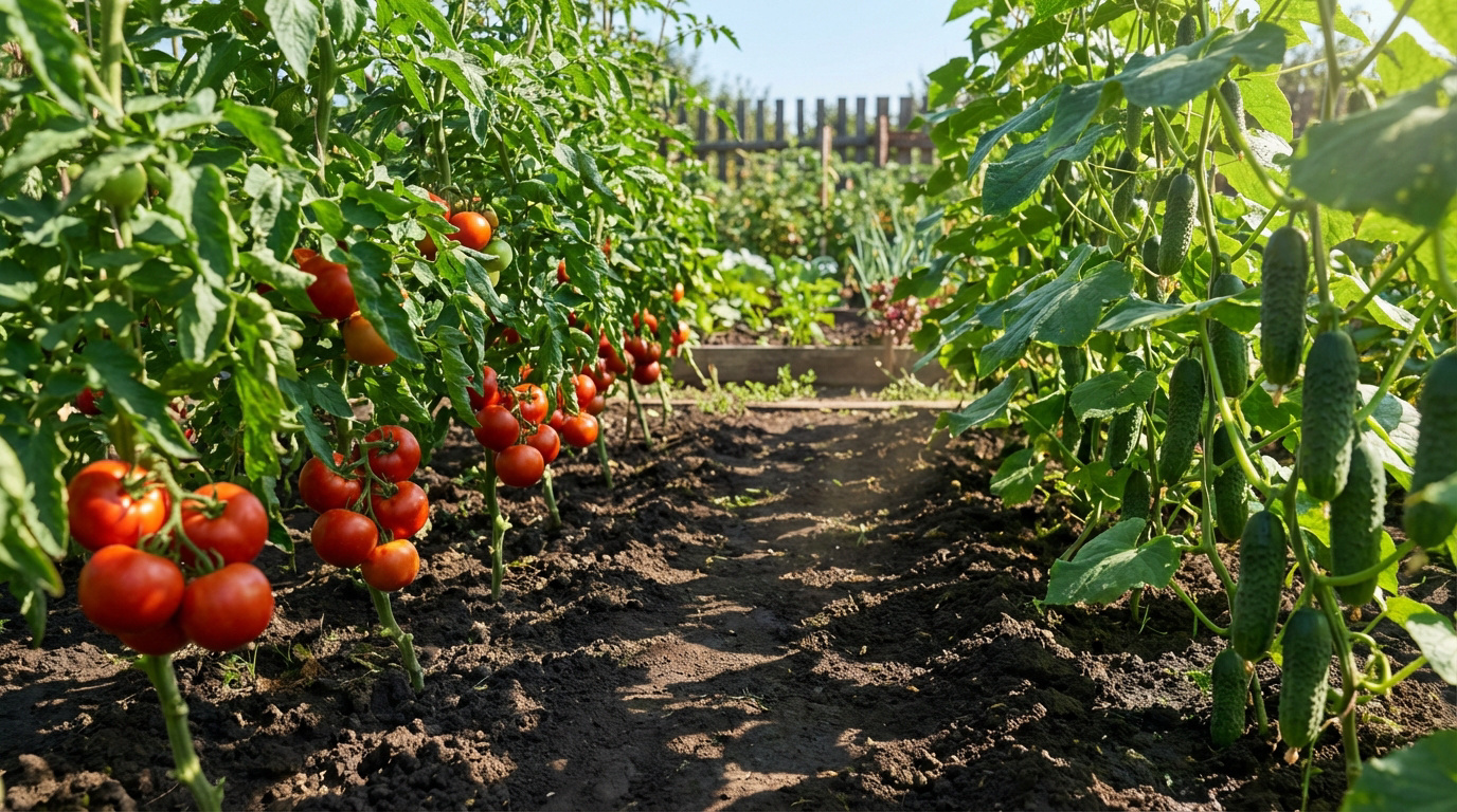 Vue d'un potager avec une rangée de tomates rouges à gauche et des concombres verts à droite, séparés par un chemin de terre.
