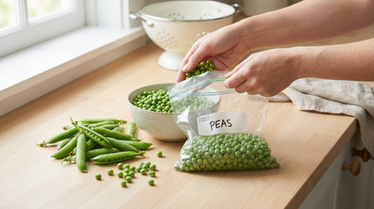 Des mains mettent des petits pois frais écossés dans un sac de congélation sur un comptoir en bois. Des gousses sont visibles.