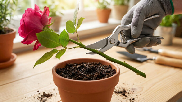 Une main gantée coupe la tige d'une rose rouge avec un sécateur au-dessus d'un pot de terreau, sur une table en bois.