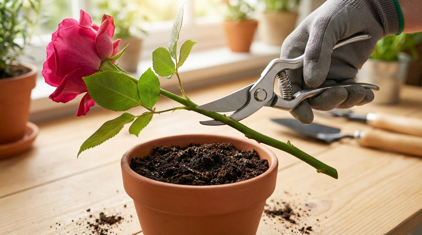 Une main gantée coupe la tige d'une rose rouge avec un sécateur au-dessus d'un pot de terreau, sur une table en bois.