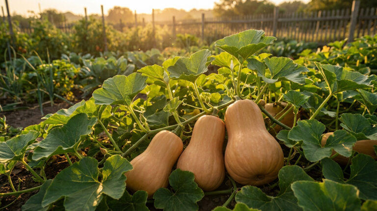 Trois courges butternut oranges reposent sur le sol entourées de feuilles vertes dans un potager ensoleillé.