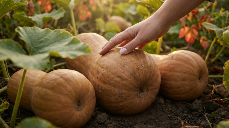 Main caressant une courge butternut mûre au sol dans un potager ensoleillé, entourée d'autres courges et feuilles vertes.