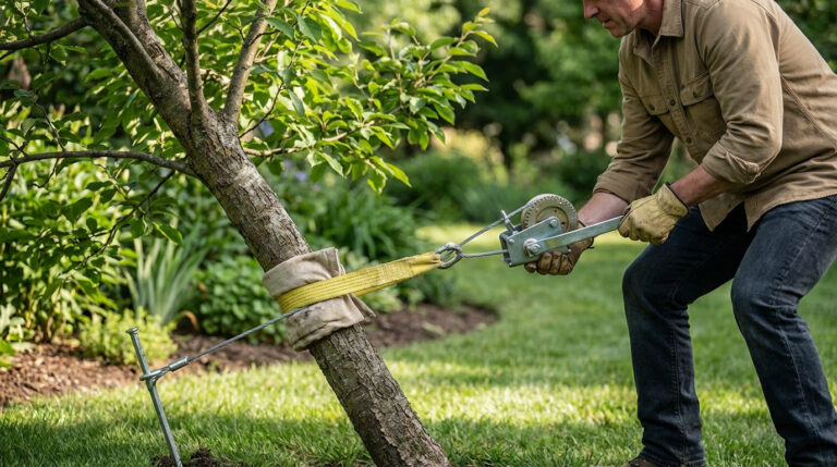 Homme utilisant un tire-fort pour redresser un jeune arbre penché, avec sangle protectrice et ancrage au sol. Jardin verdoyant.