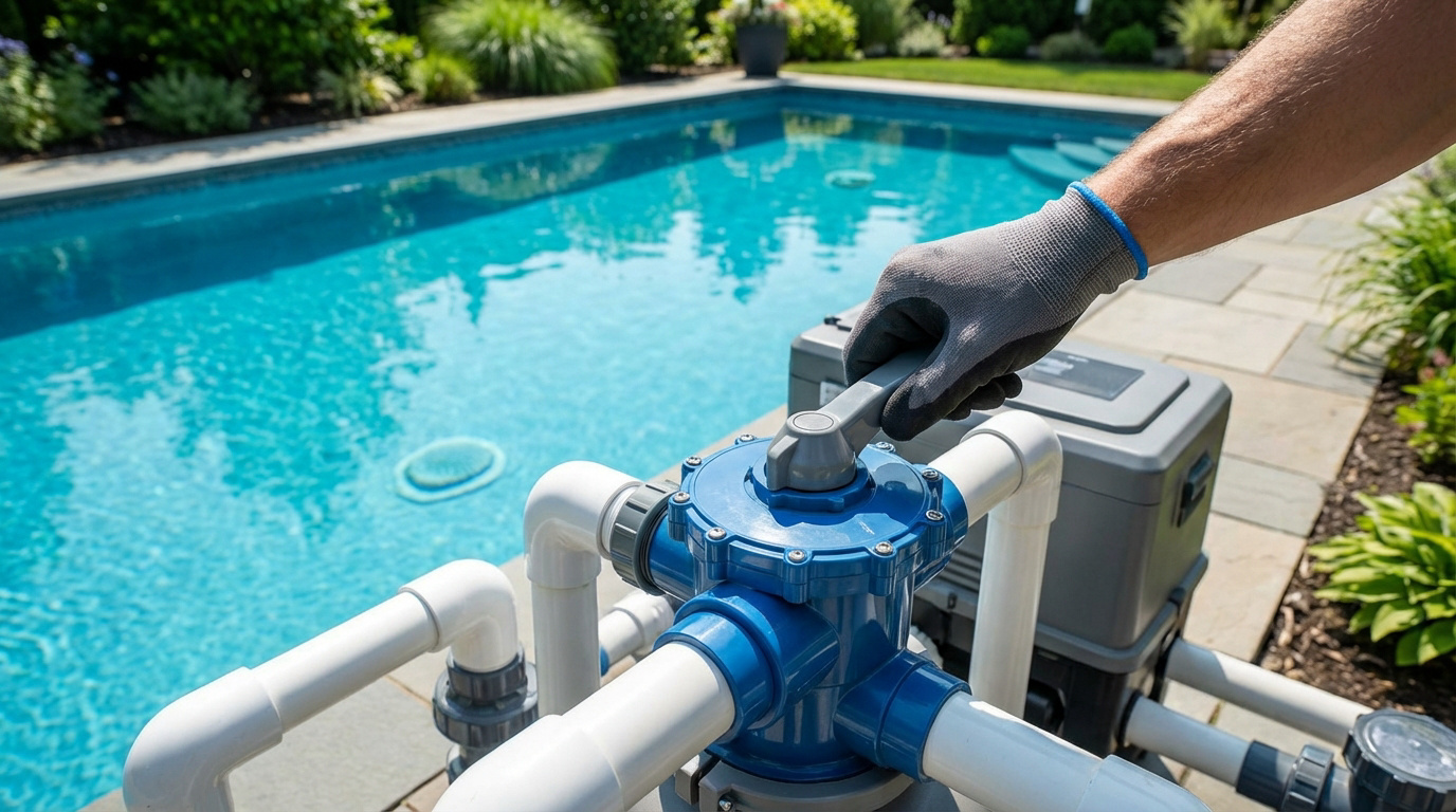 Main gantée ajustant une vanne multivoie bleue sur un système de filtration de piscine. Piscine bleue et propre en arrière-plan.