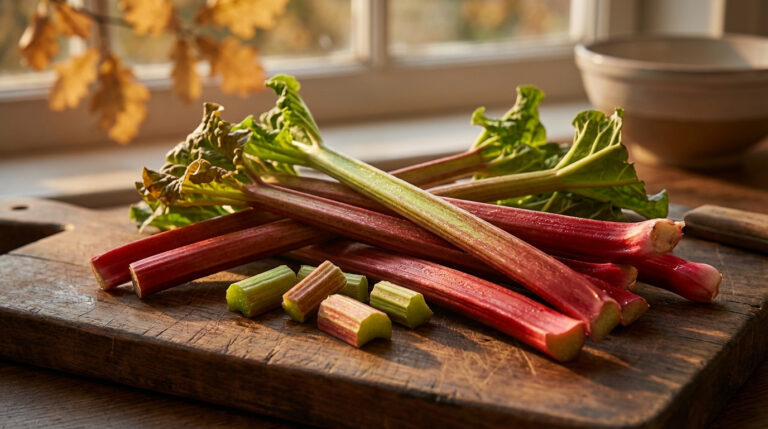 Tiges de rhubarbe fraîche, rouges et vertes, certaines coupées, sur une planche en bois près d'une fenêtre avec des feuilles d'automne.