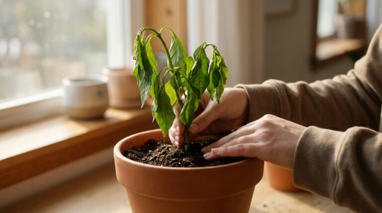 Mains s'occupant d'une jeune plante aux feuilles flétries dans un pot en terre cuite, près d'une fenêtre ensoleillée.