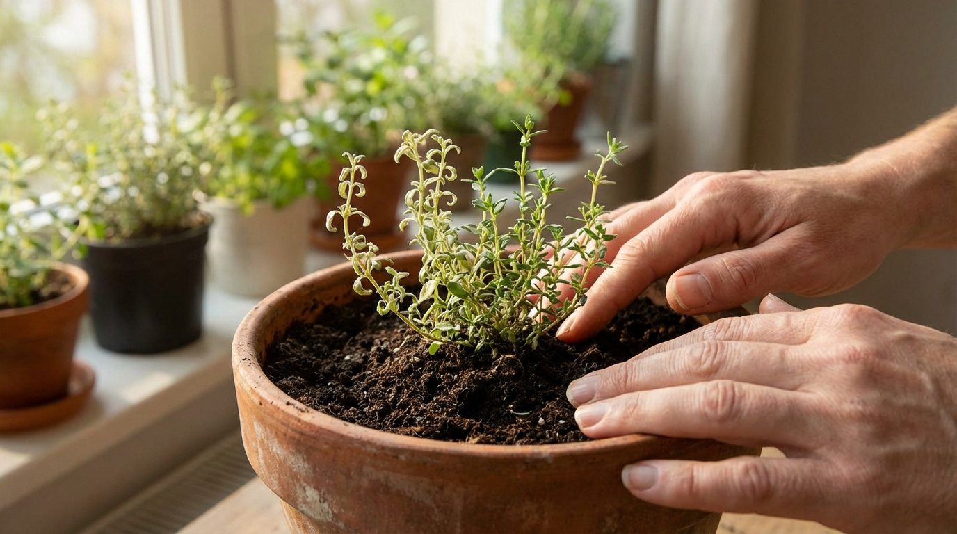 Gros plan sur des mains qui tassent la terre autour d'un jeune plant de thym dans un pot en terre cuite, près d'une fenêtre.