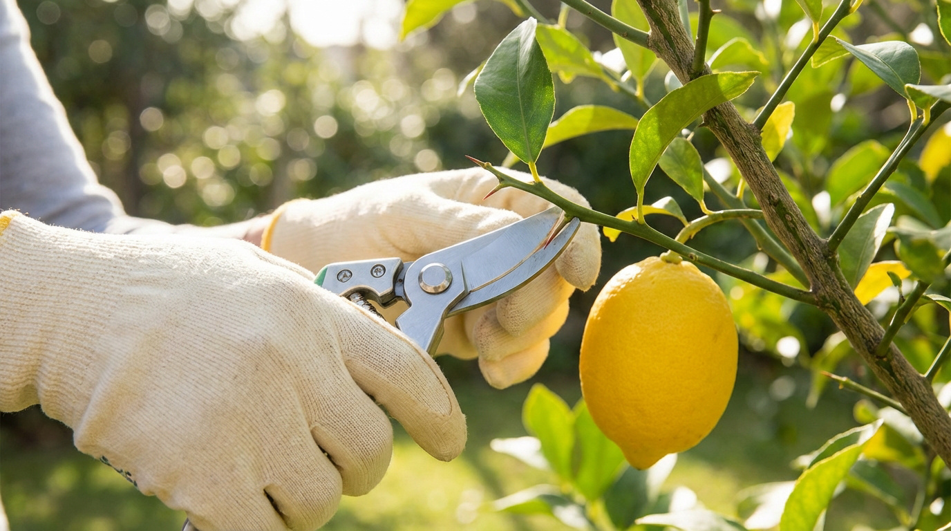Mains gantées coupant une épine de citronnier avec un sécateur, un citron jaune mûr est visible sur l'arbre.